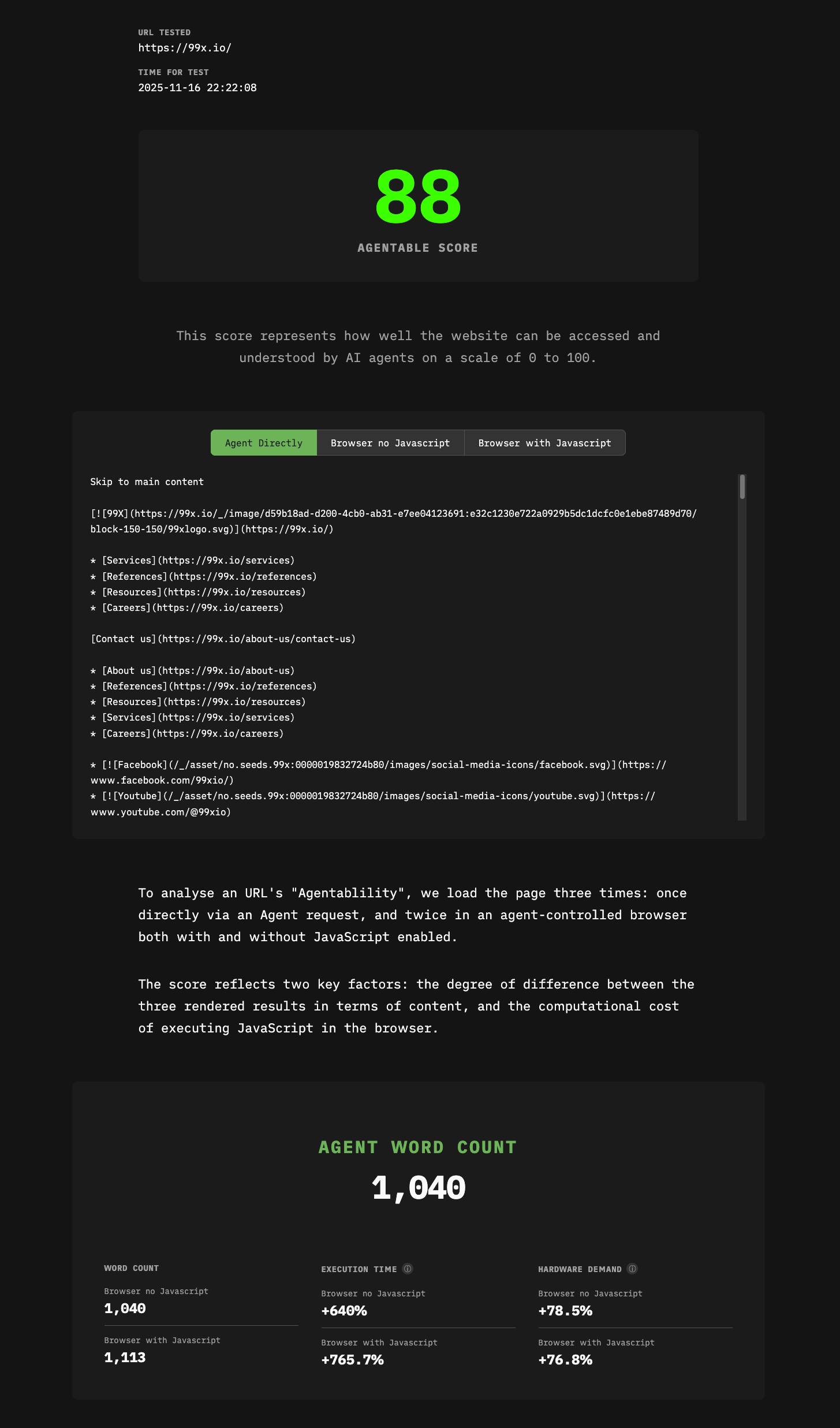 Screenshot of Agentable run result page
